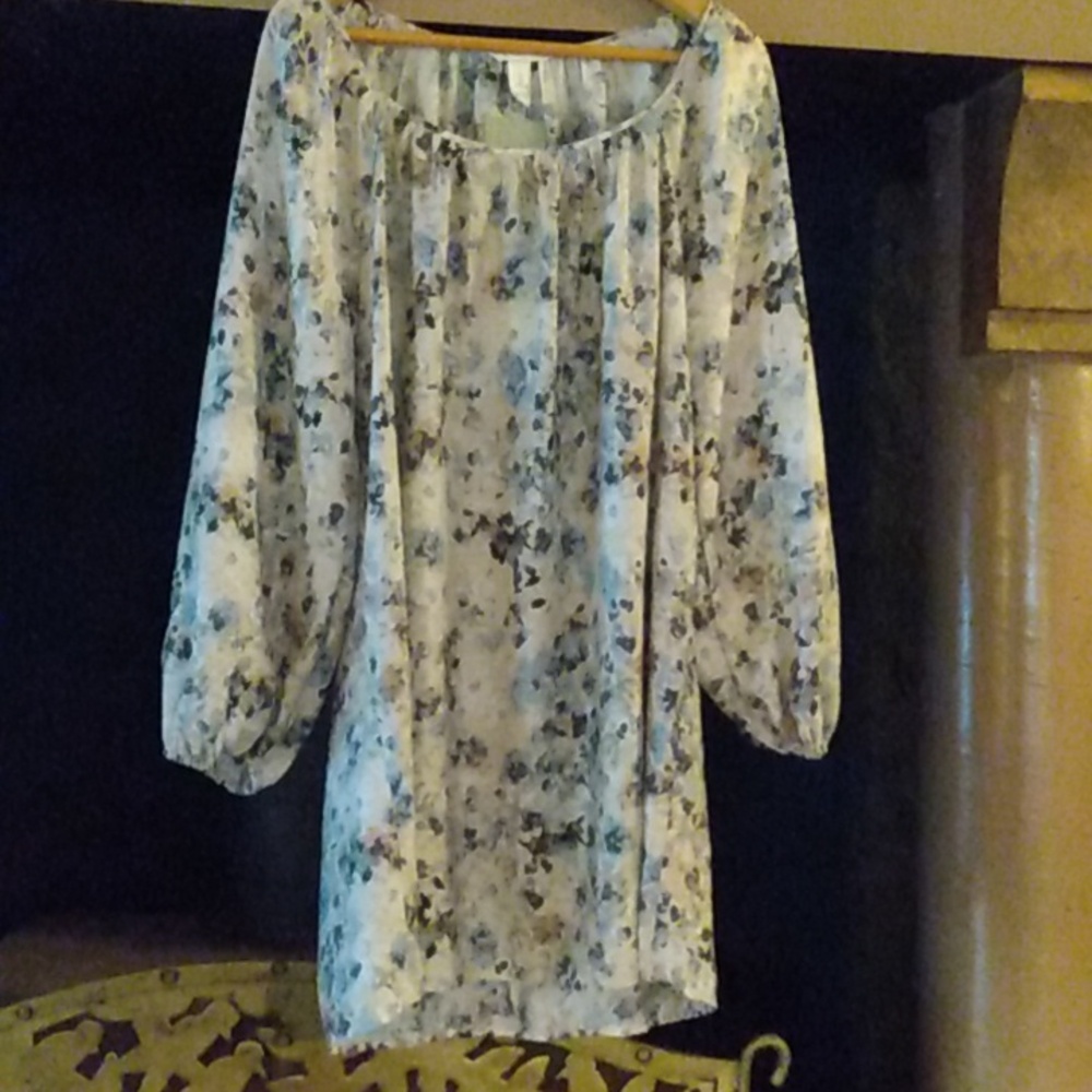 H&M Cream Floral Long Sleeve Peasant Dress with Blue Accents